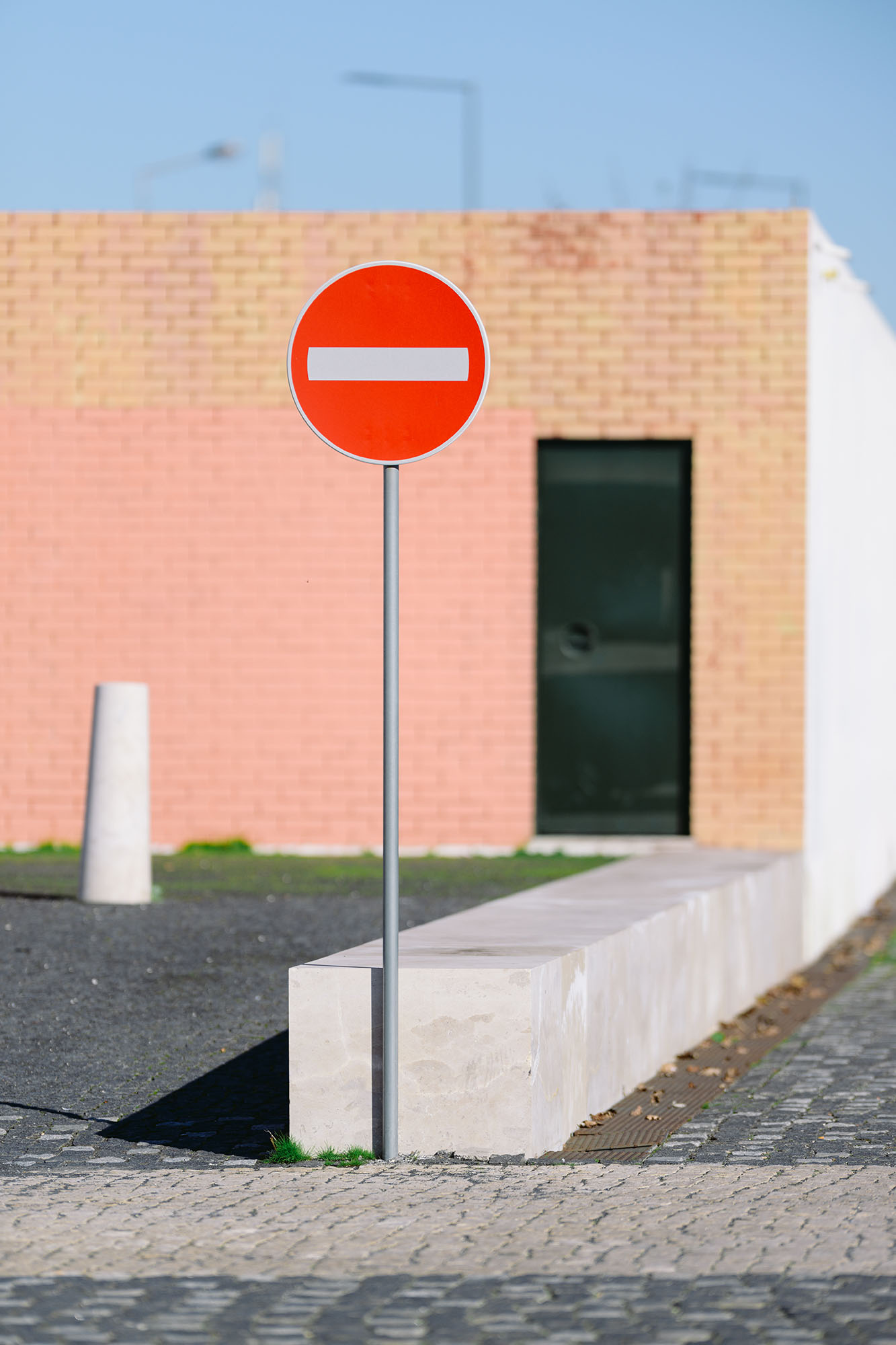 No entry white brick on red road sign in Lisbon, Portugal